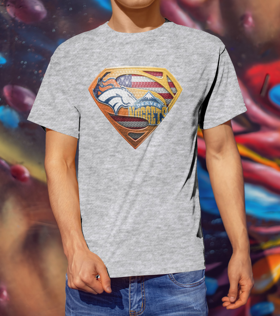 Denver Nuggets Broncos American Flag Super Hero Shield T-Shirt