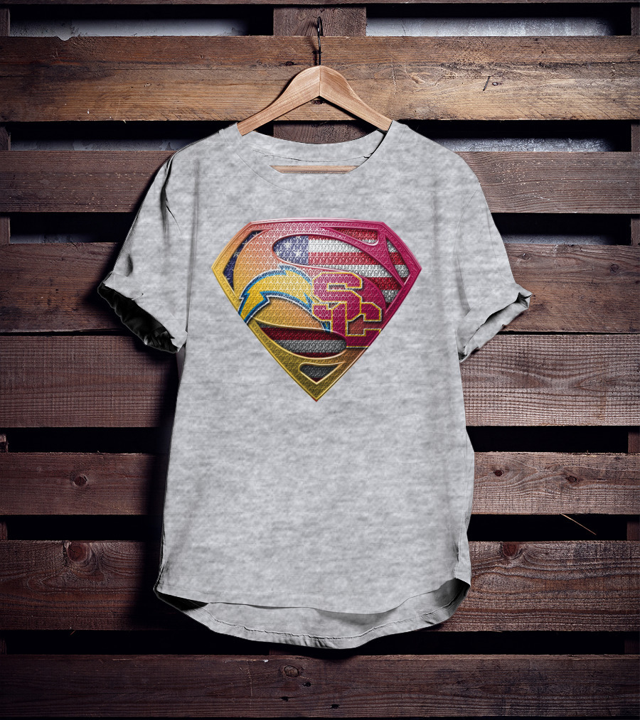 Superman Chargers Trojans American Flag Emblem On Gray T-Shirt