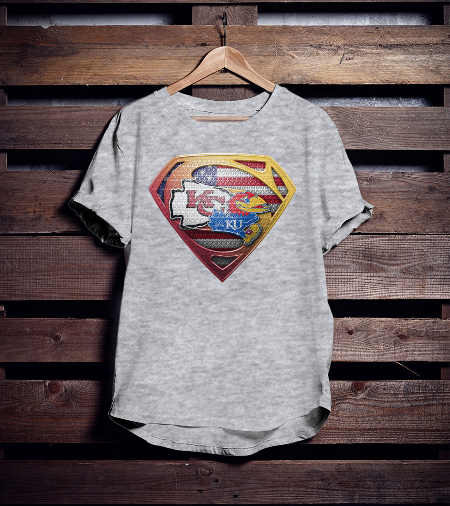 Ku Jayhawks Superman Logo With Kansas State Chiefs Flag T-Shirt