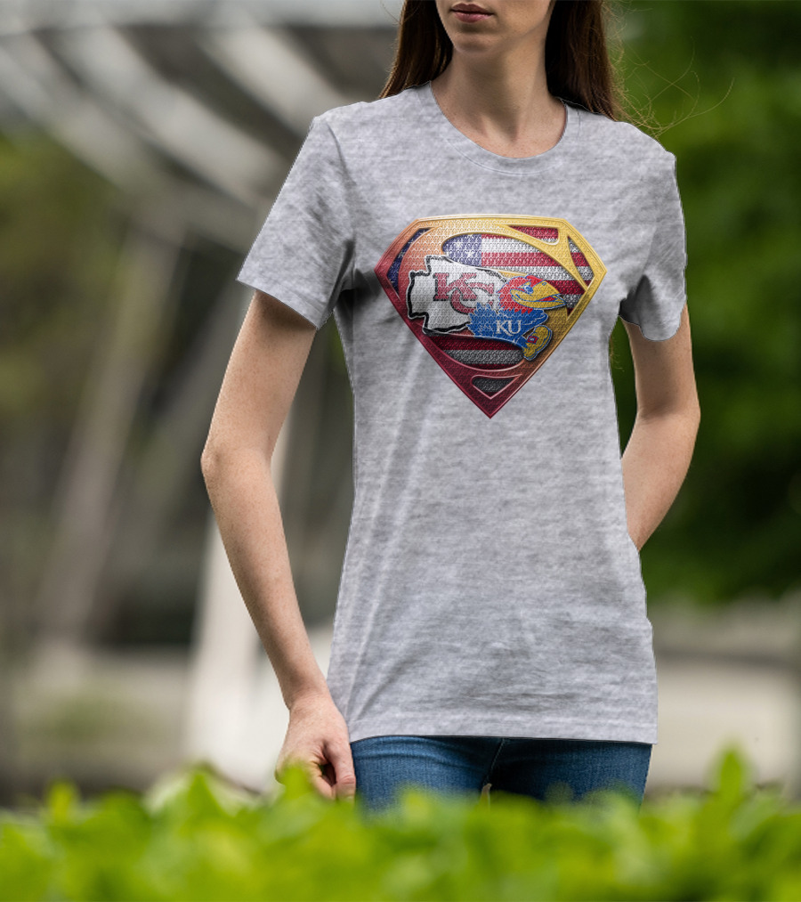 Ku Jayhawks Superman Logo With Kansas State Chiefs Flag T-Shirt
