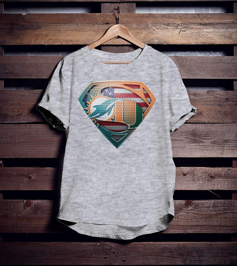 Miami Dolphins University Of Miami Superman Logo With American Flag T-Shirt