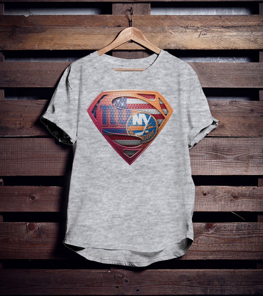 New York Giants Islanders Superman Shield American Flag T-Shirt