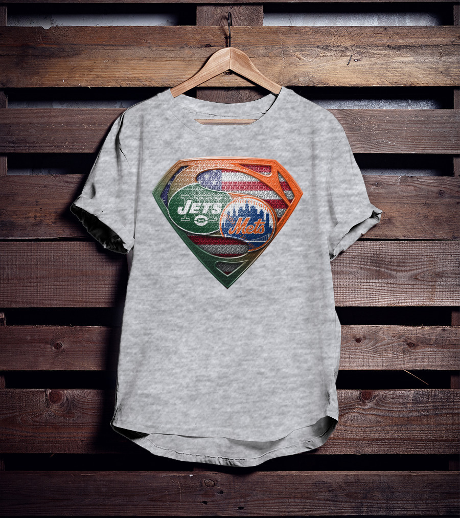 New York Jets Mets Logo With American Flag And Superman Shield T-Shirt