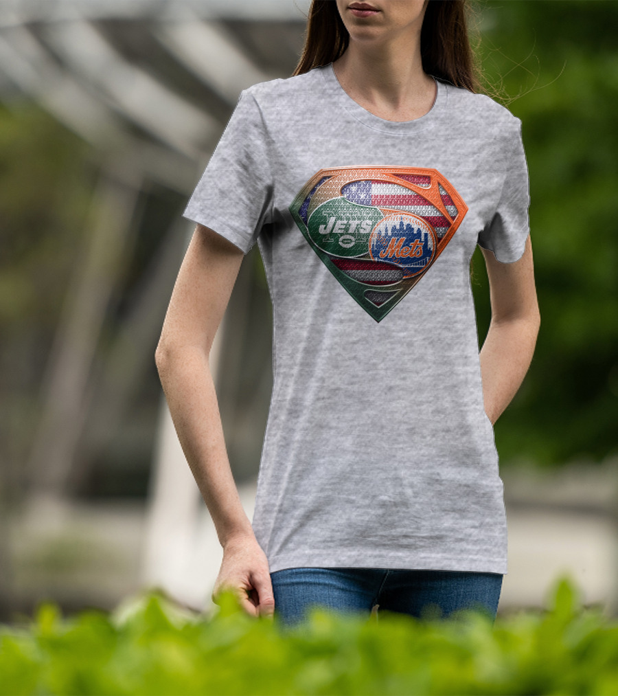 New York Jets Mets Logo With American Flag And Superman Shield T-Shirt