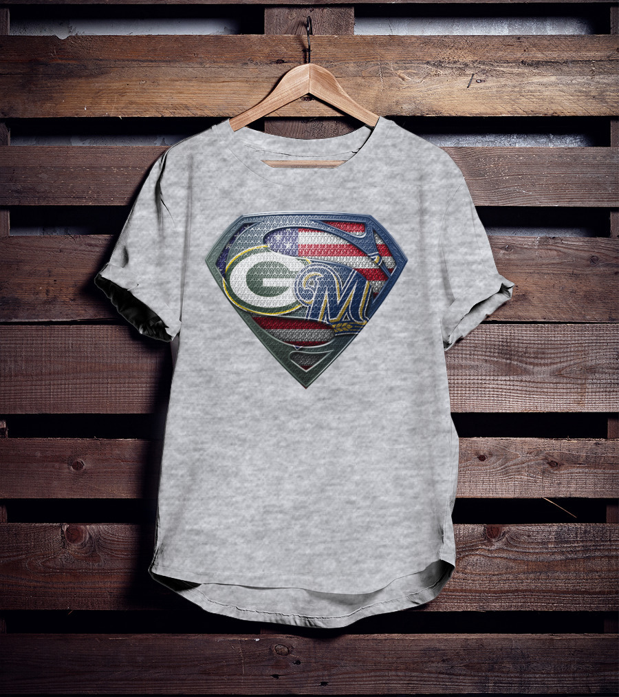 Green Bay Packers Milwaukee Brewers American Flag Superman T-Shirt