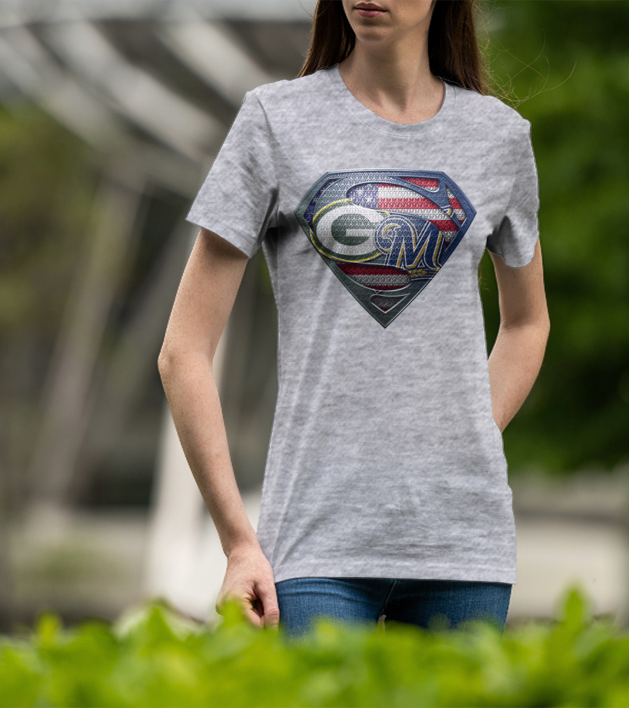 Green Bay Packers Milwaukee Brewers American Flag Superman T-Shirt