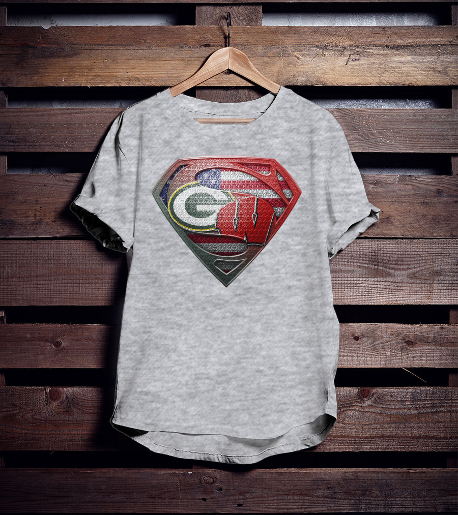 Green Bay Packers Wisconsin Badgers American Flag Superman Shield T-Shirt