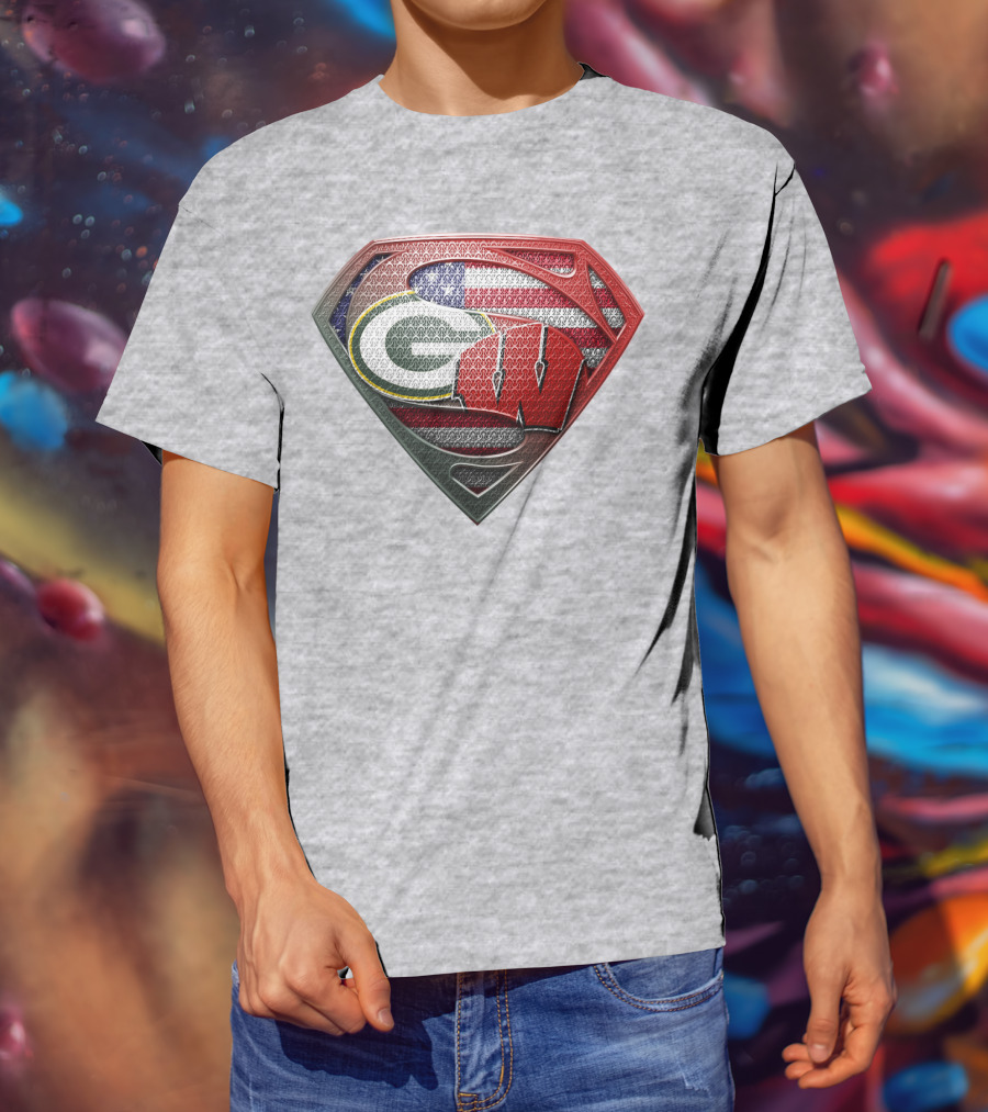 Green Bay Packers Wisconsin Badgers American Flag Superman Shield T-Shirt