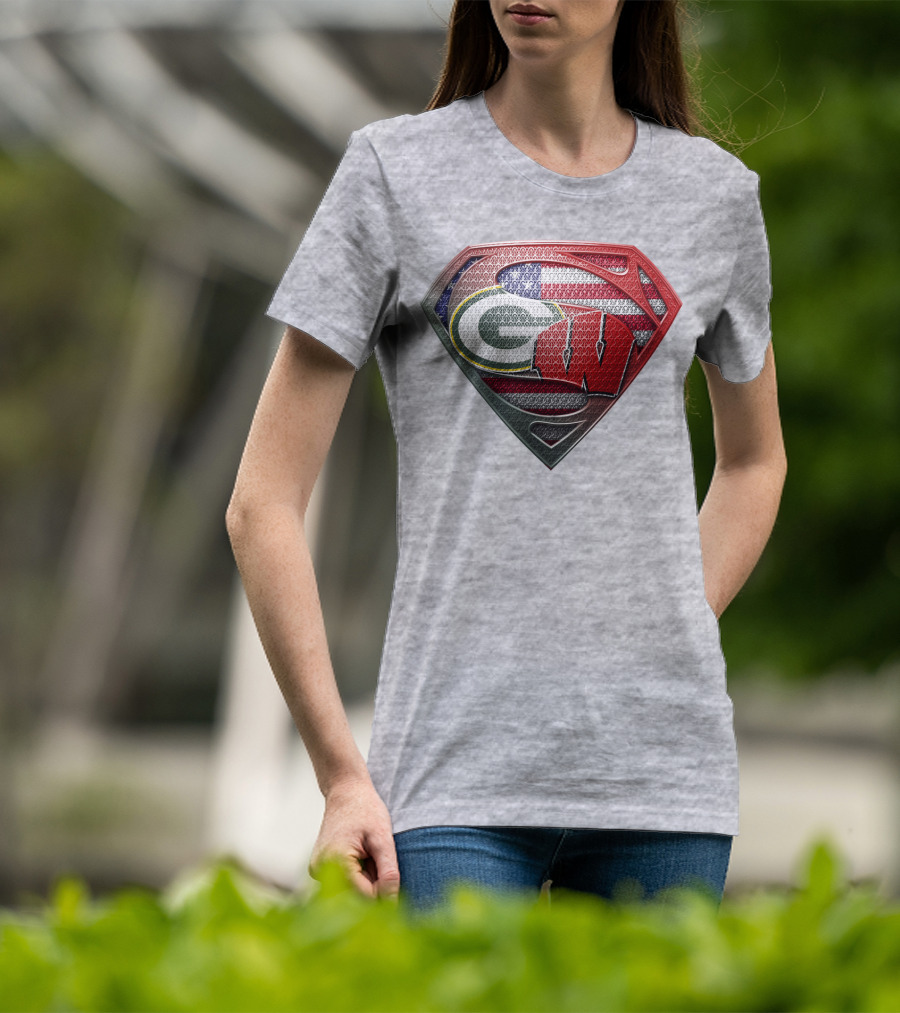 Green Bay Packers Wisconsin Badgers American Flag Superman Shield T-Shirt