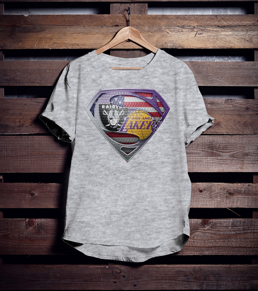 Los Angeles Lakers Raiders American Flag Superman Shield T-Shirt