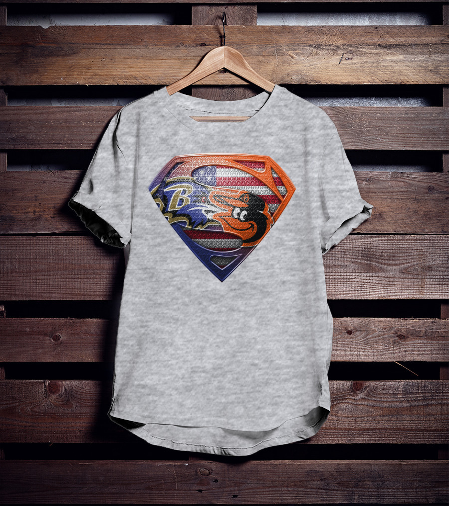 Baltimore Ravens Orioles American Flag Superman Shield T-Shirt