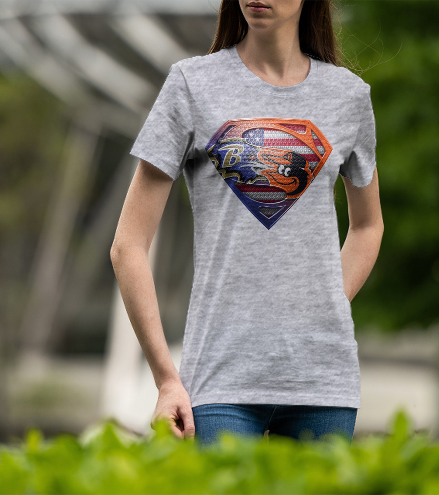 Baltimore Ravens Orioles American Flag Superman Shield T-Shirt