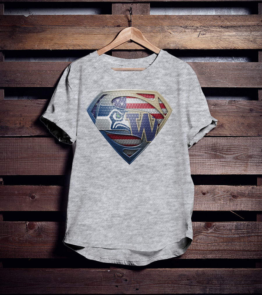 Superman Logo Seahawks W American Flag Hybrid T-Shirt