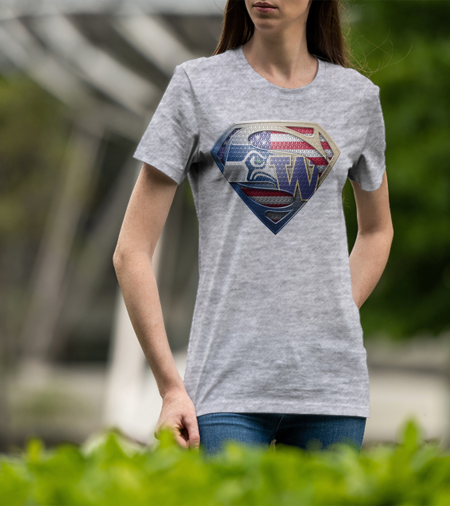 Superman Logo Seahawks W American Flag Hybrid T-Shirt