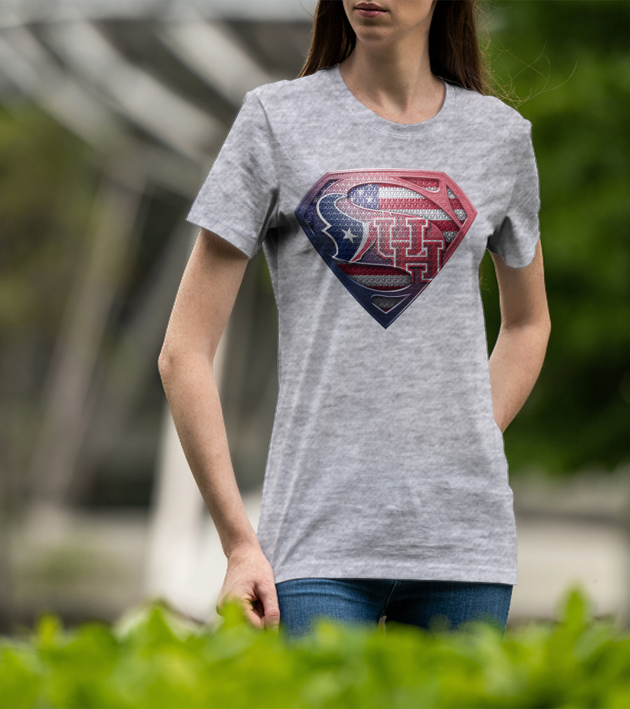 Houston Texans And University Of Houston Super Shield With American Flag T-Shirt