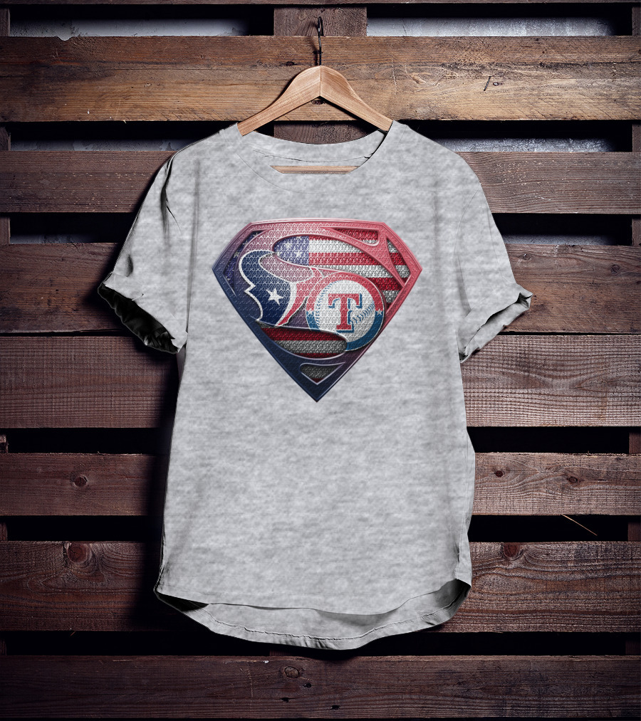 Superman Shield Houston Texans And Texas Rangers American Flag T-Shirt