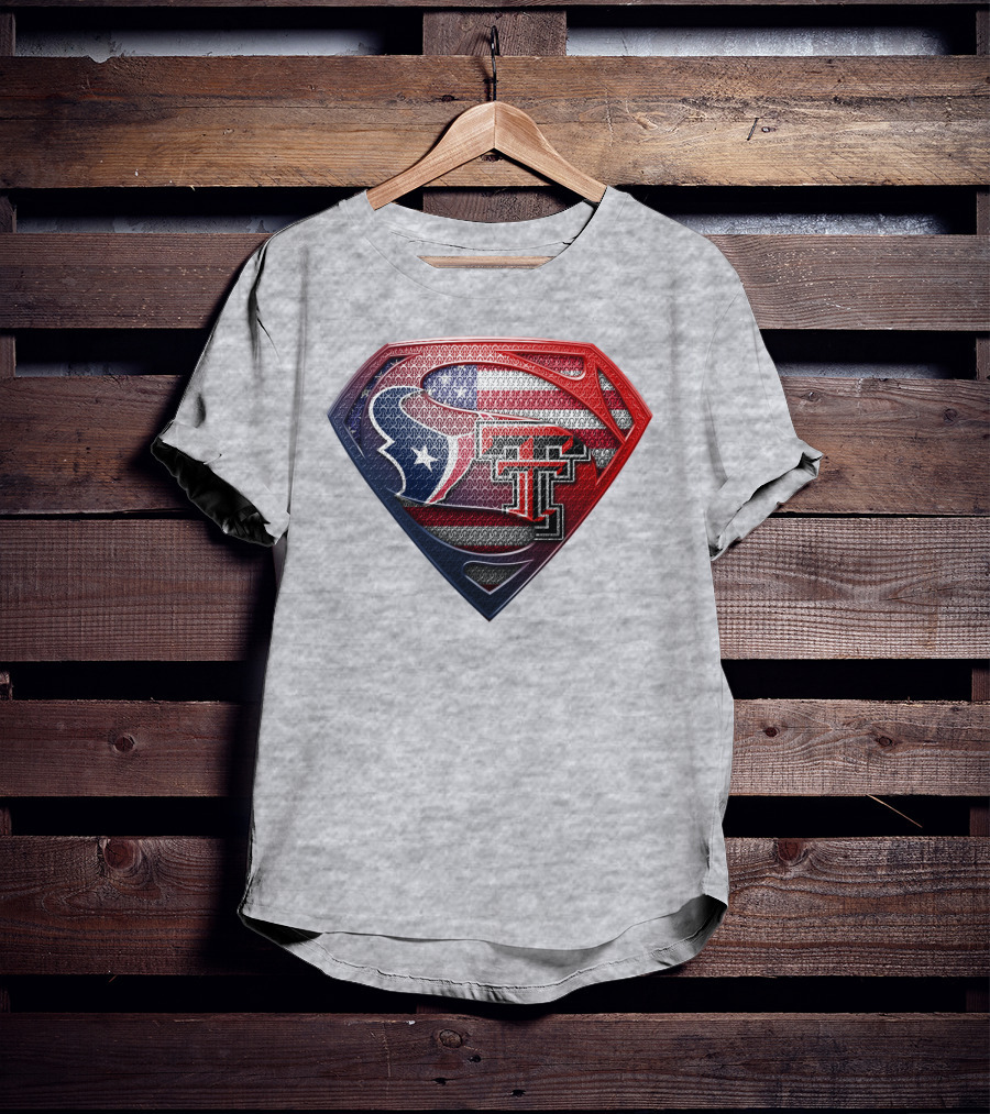Superman Shield Texas Tech Red Raiders Houston Texans Usa Flag T-Shirt