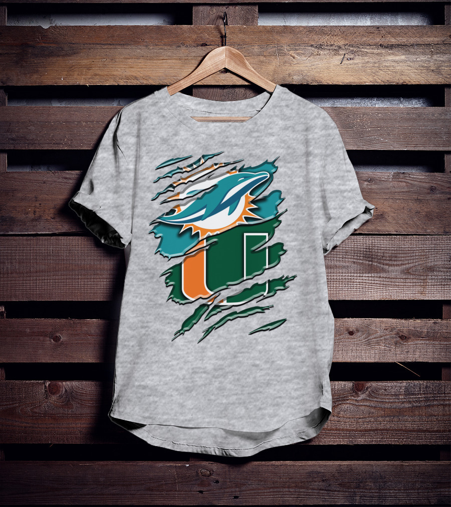 Miami Dolphins And University Of Miami Hurricanes Torn Design Rah 052 T-Shirt