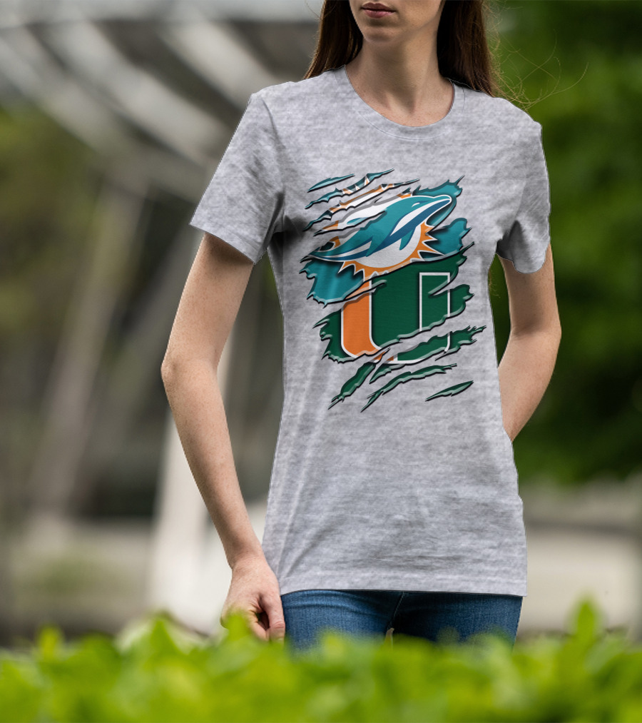 Miami Dolphins And University Of Miami Hurricanes Torn Design Rah 052 T-Shirt