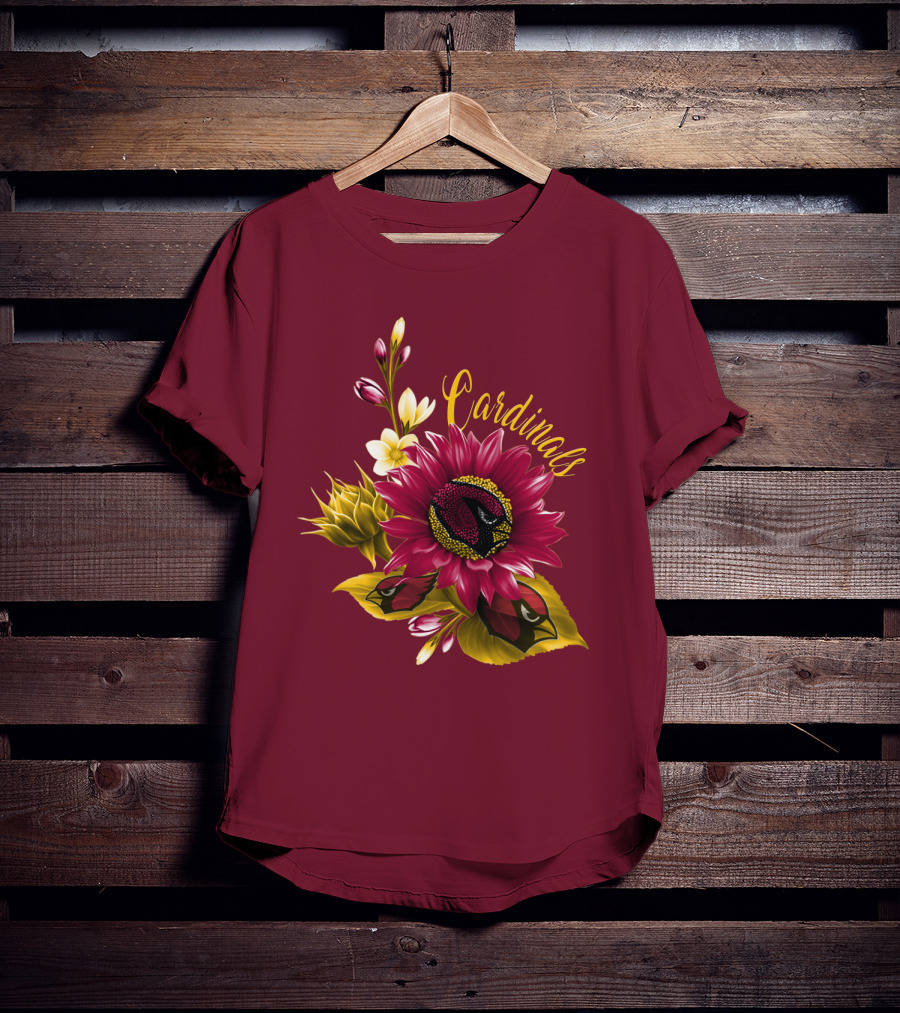 Cardinals Floral Sunflower And Bird Art On Red T-Shirt