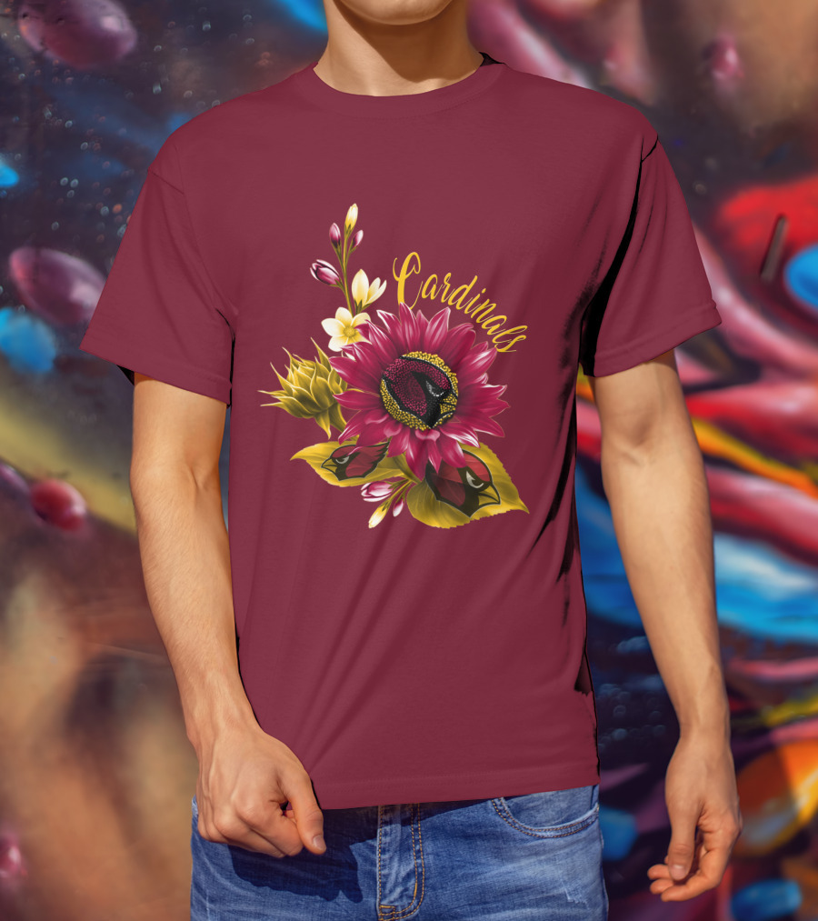 Cardinals Floral Sunflower And Bird Art On Red T-Shirt