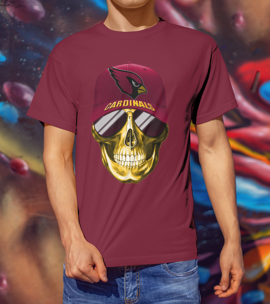Arizona Cardinals Skull With Hat And Sunglasses T-Shirt