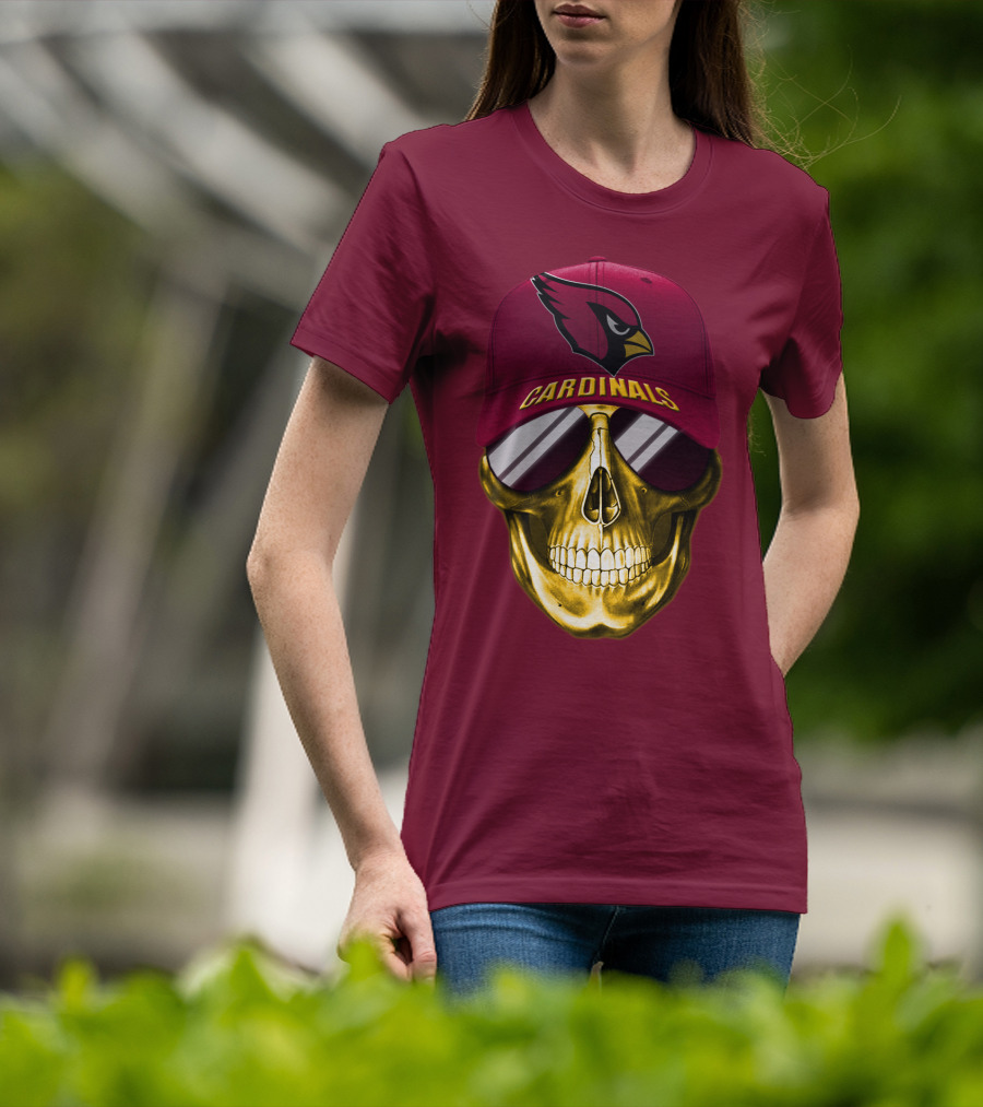Arizona Cardinals Skull With Hat And Sunglasses T-Shirt
