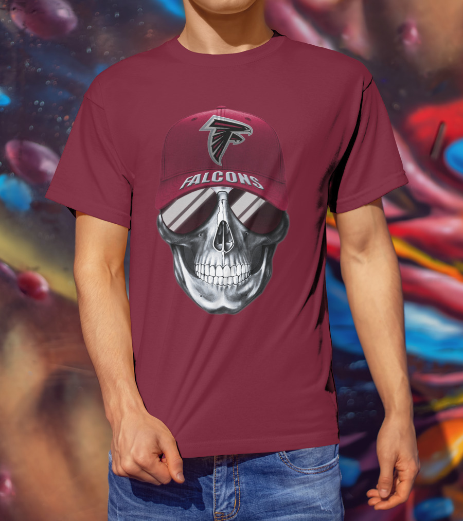 Atlanta Falcons Skull With Logo Hat And Sunglasses T-Shirt