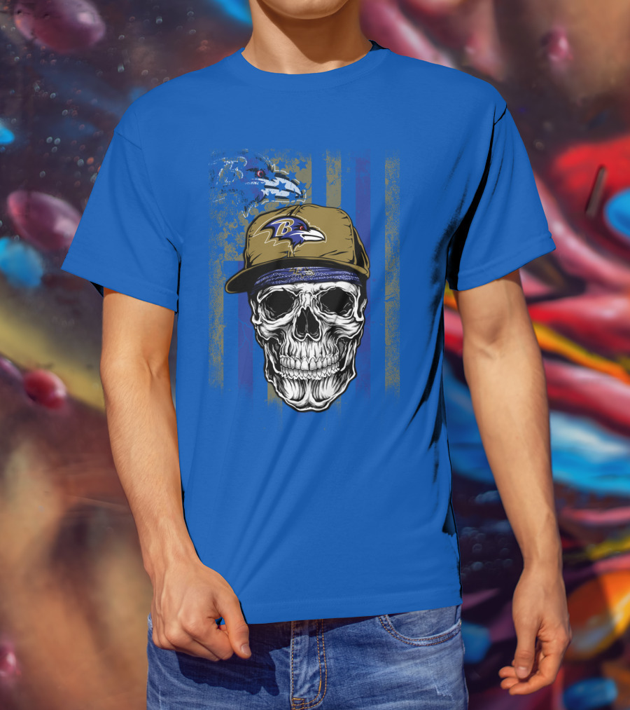 Baltimore Ravens Skull With Hat And Stylized Flag Elements T-Shirt