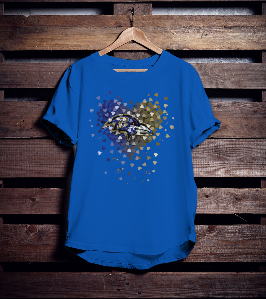 Baltimore Ravens Heart Design With Logo And Multicolored Hearts T-Shirt