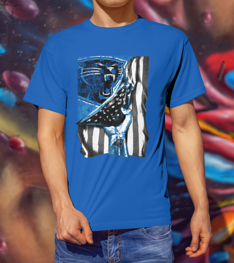 Carolina Panthers American Flag Hand Blue Graphic Fan Merchandise T-Shirt
