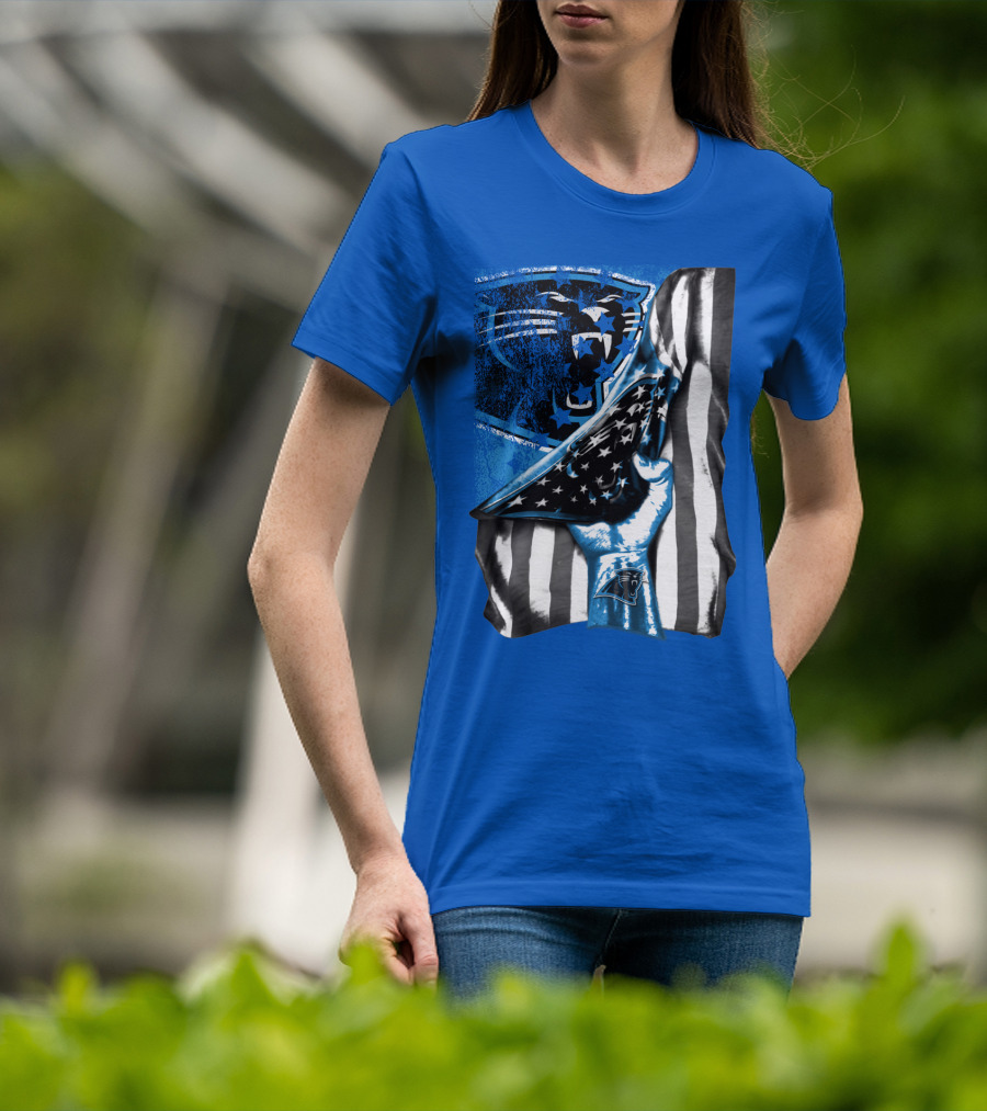 Carolina Panthers American Flag Hand Blue Graphic Fan Merchandise T-Shirt