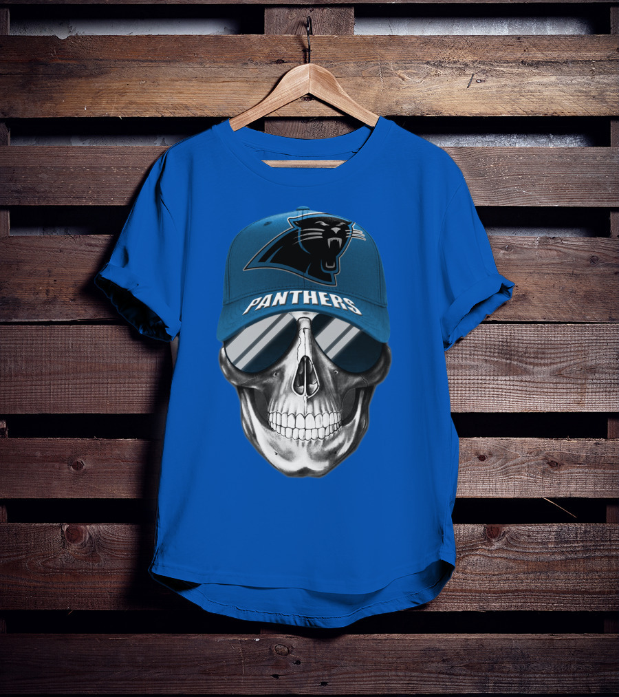 Carolina Panthers Skull Wearing Team Hat And Sunglasses T-Shirt