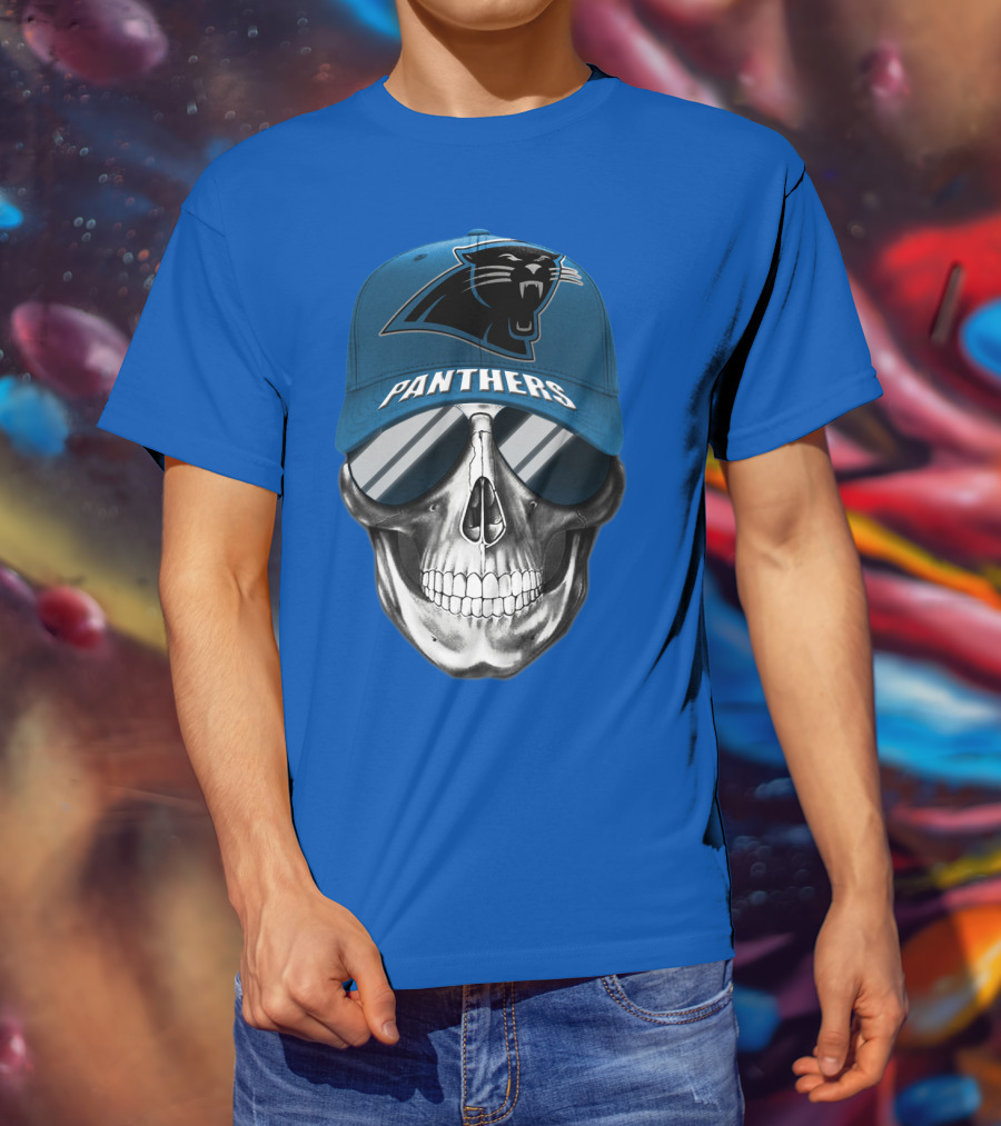 Carolina Panthers Skull Wearing Team Hat And Sunglasses T-Shirt