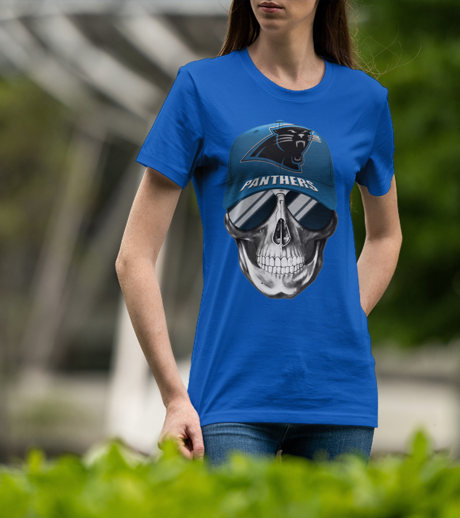 Carolina Panthers Skull Wearing Team Hat And Sunglasses T-Shirt