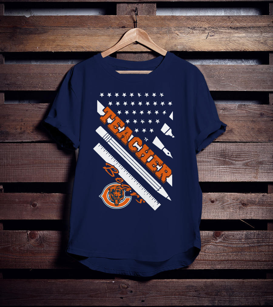Chicago Bears Teacher American Flag Ruler And Pens T-Shirt