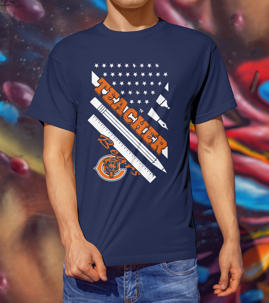 Chicago Bears Teacher American Flag Ruler And Pens T-Shirt