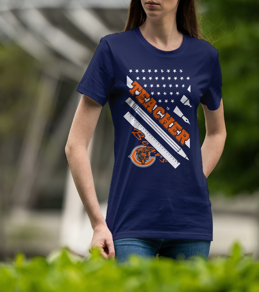Chicago Bears Teacher American Flag Ruler And Pens T-Shirt