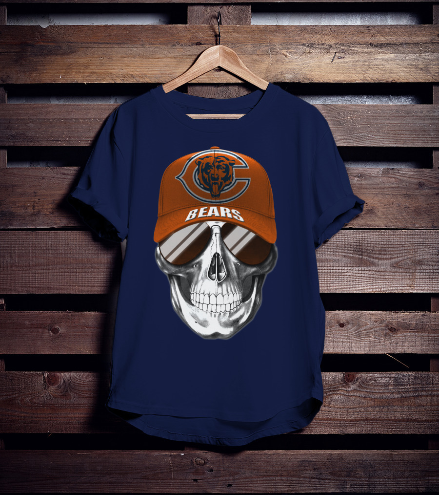 Chicago Bears Skull Cap With Logo And Sunglasses T-Shirt