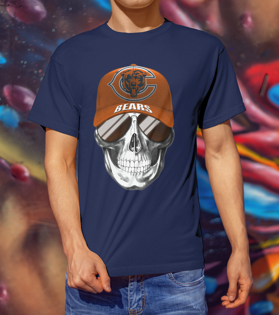 Chicago Bears Skull Cap With Logo And Sunglasses T-Shirt
