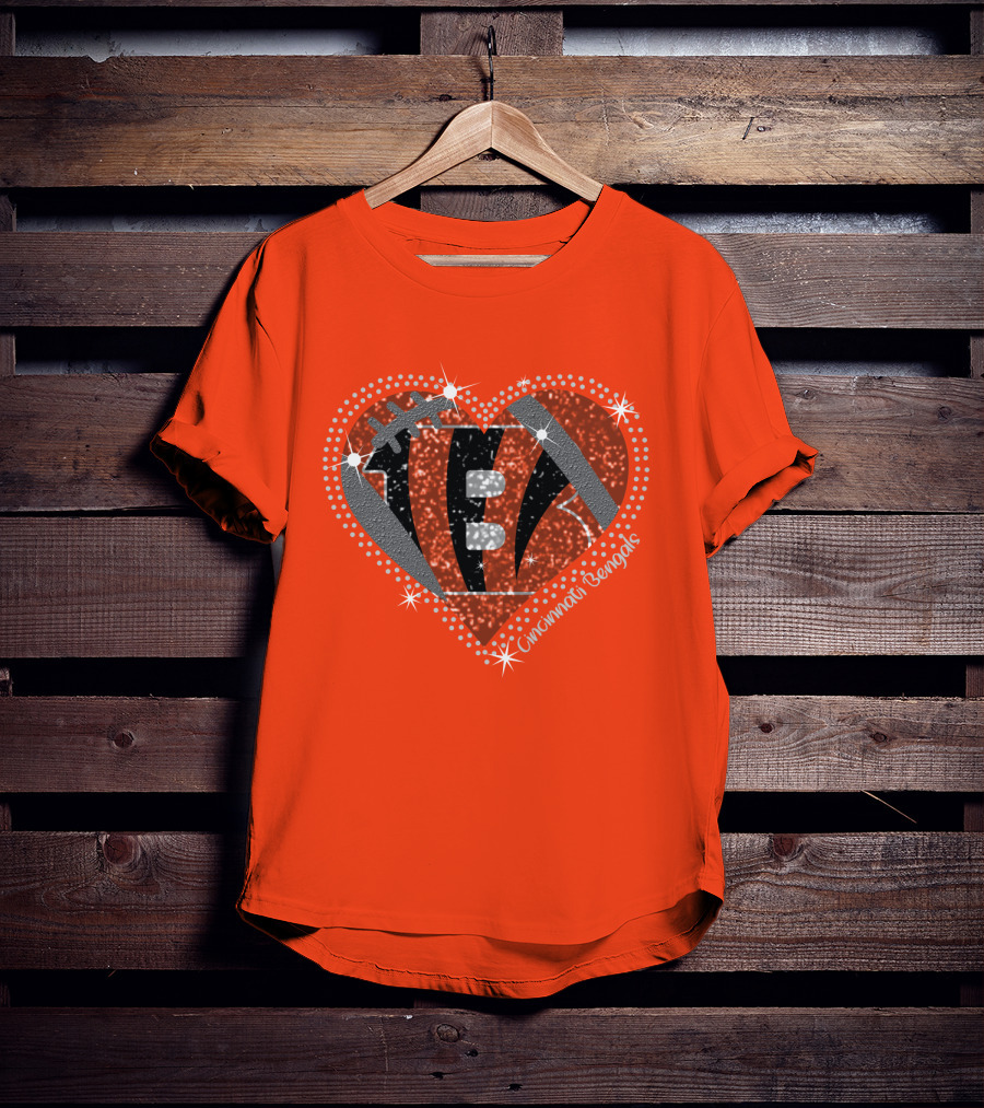Cincinnati Bengals Heart Sparkle Football T-Shirt