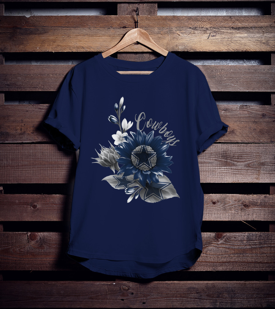 Cowboys Star Floral Design With Navy And Silver Accents T-Shirt