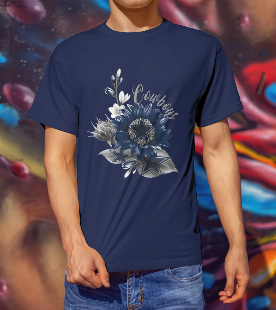 Cowboys Star Floral Design With Navy And Silver Accents T-Shirt