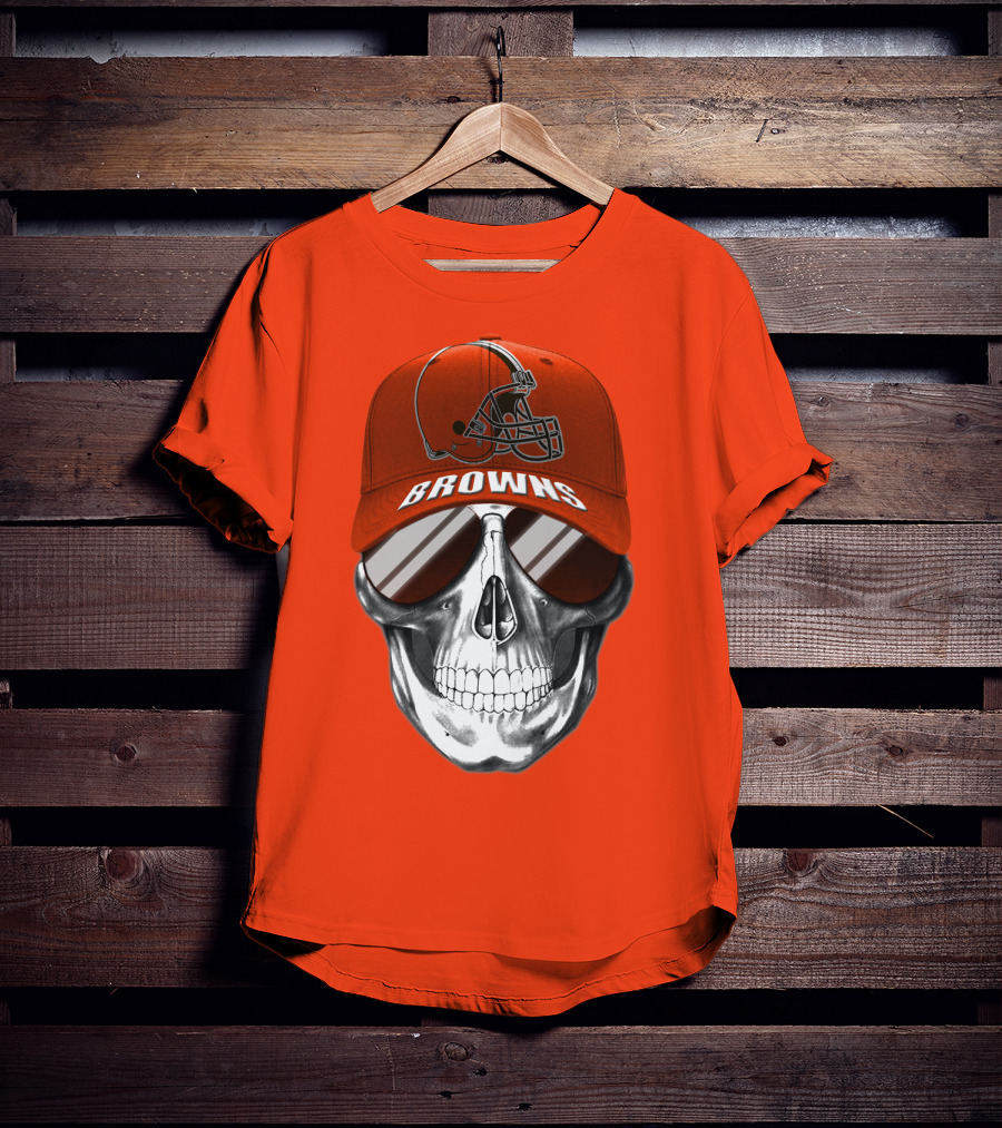 Cleveland Browns Skull Hat With Football Helmet Icon On Bright Orange T-Shirt