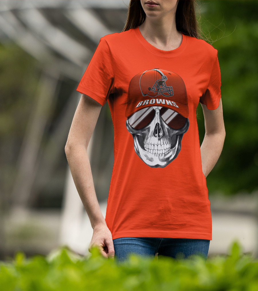Cleveland Browns Skull Hat With Football Helmet Icon On Bright Orange T-Shirt