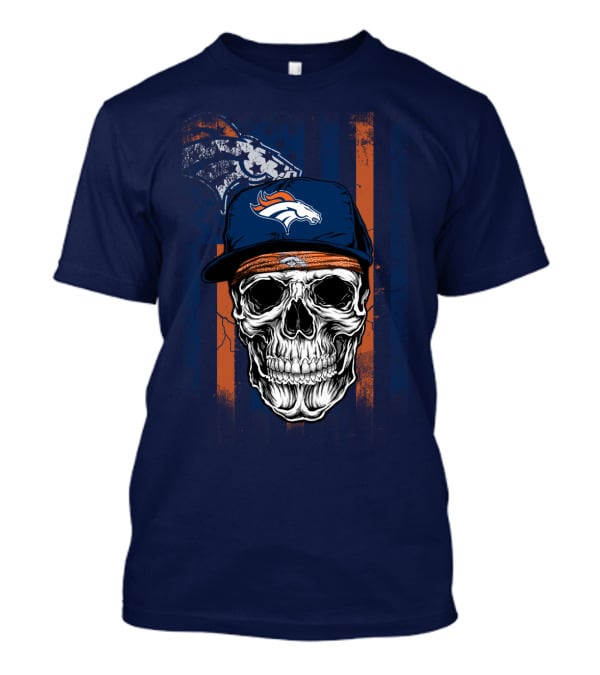Denver Broncos Skull With Cap And Logo На Тёмно-Синем Фоне T-Shirt