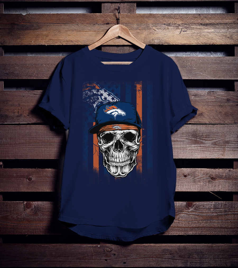 Denver Broncos Skull With Cap And Logo На Тёмно-Синем Фоне T-Shirt