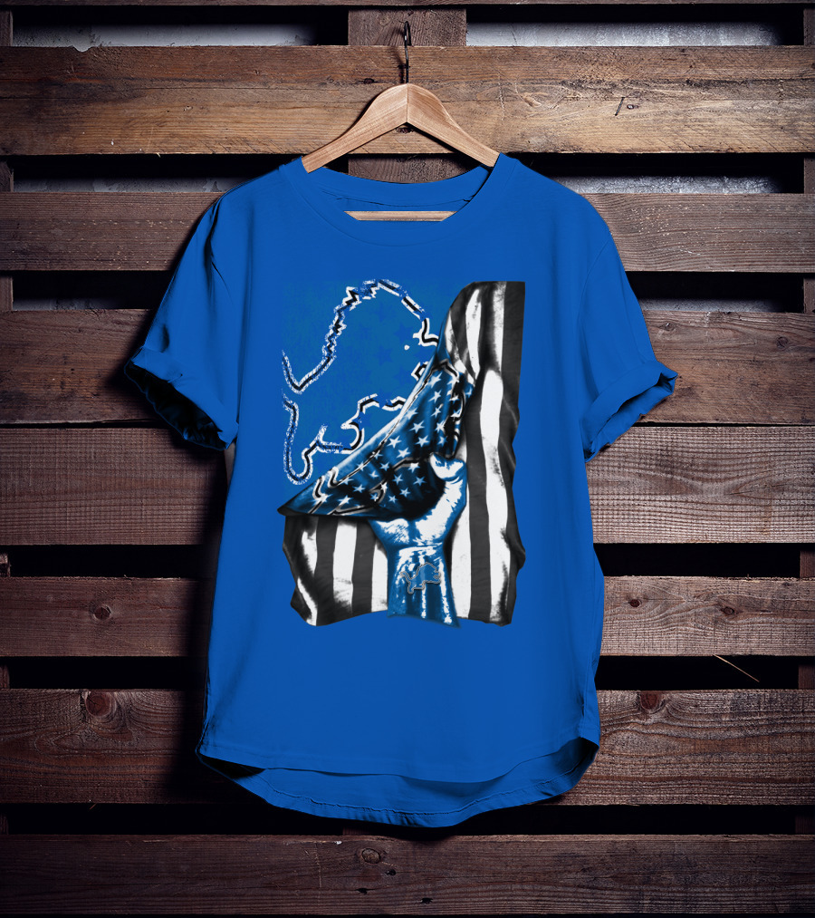 Detroit Lions Blue Lion Silhouette With American Flag Fist On Blue T-Shirt