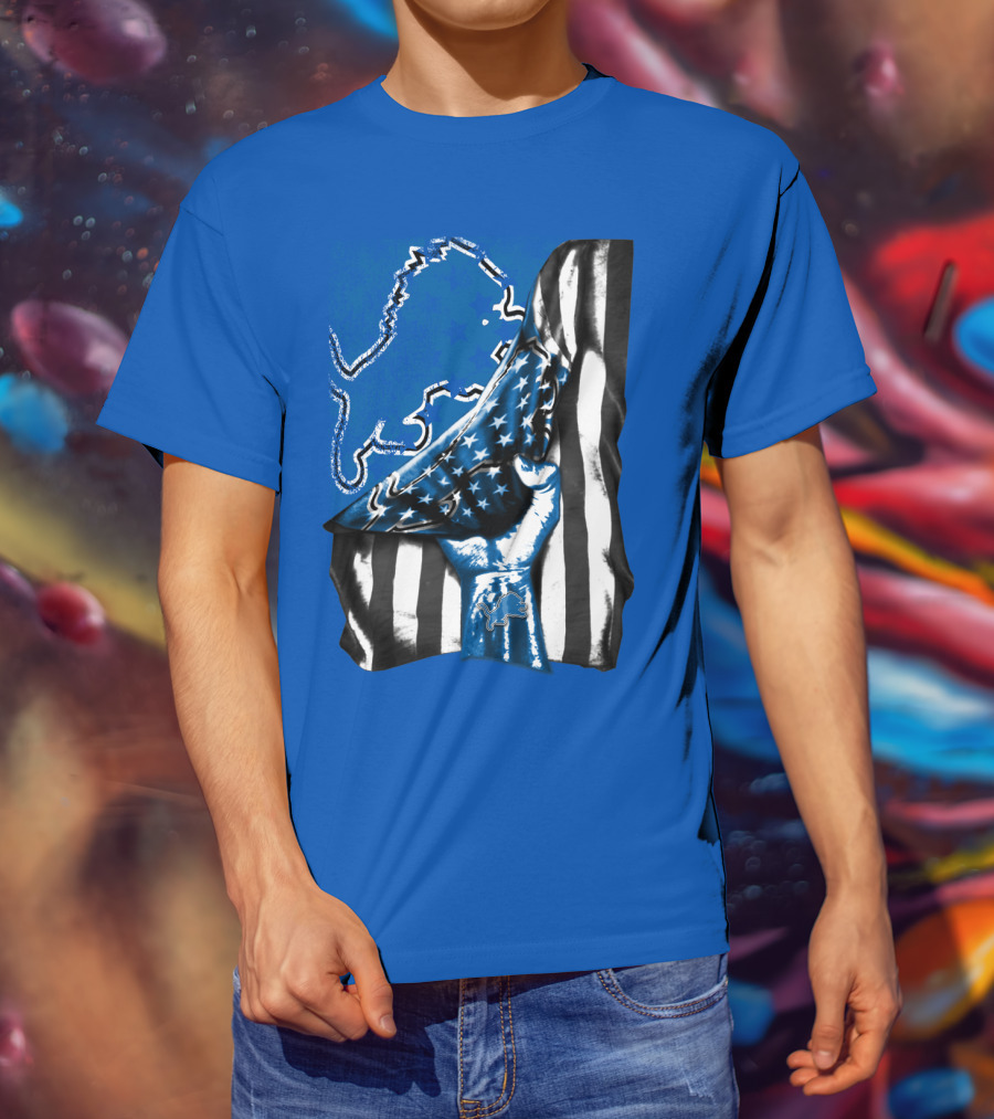 Detroit Lions Blue Lion Silhouette With American Flag Fist On Blue T-Shirt
