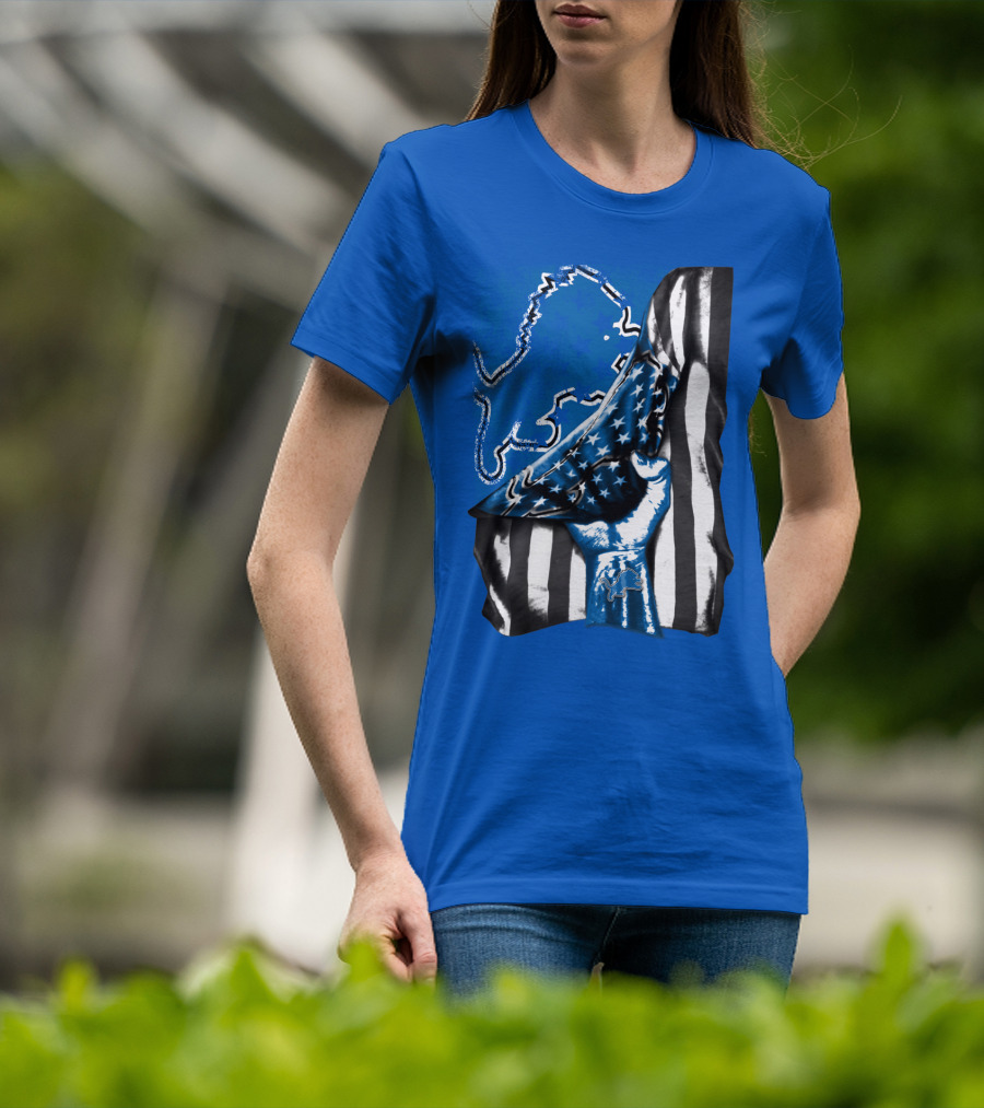 Detroit Lions Blue Lion Silhouette With American Flag Fist On Blue T-Shirt